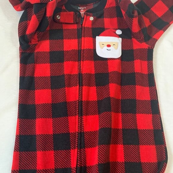 5/$25 Carter's Santa red black buffalo plaid fleece zipper pajamas footies pjs - Picture 3 of 5